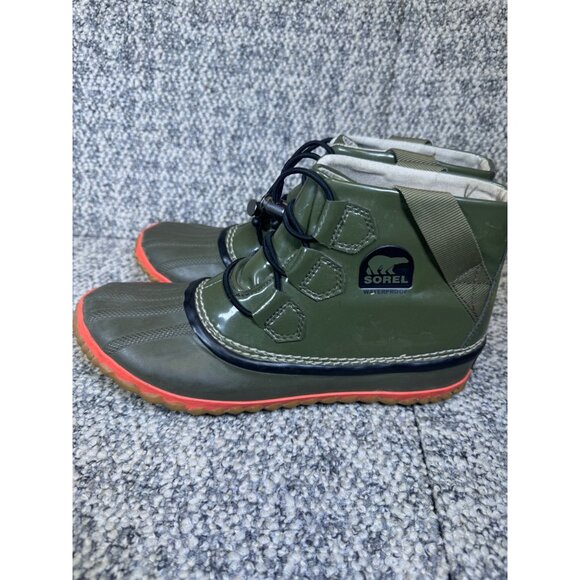 Sorel Waterproof Womens Duck Boots Size 8 Olive Green & Orange Rubber Sole - Picture 3 of 10